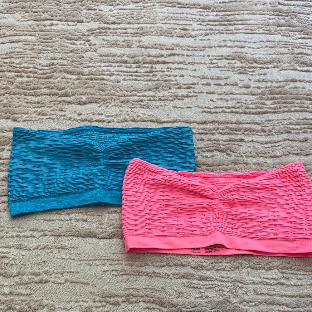 Kensie Set of 2 Coral Pink & Blue Textured Bandeau Tops / Bras One Size